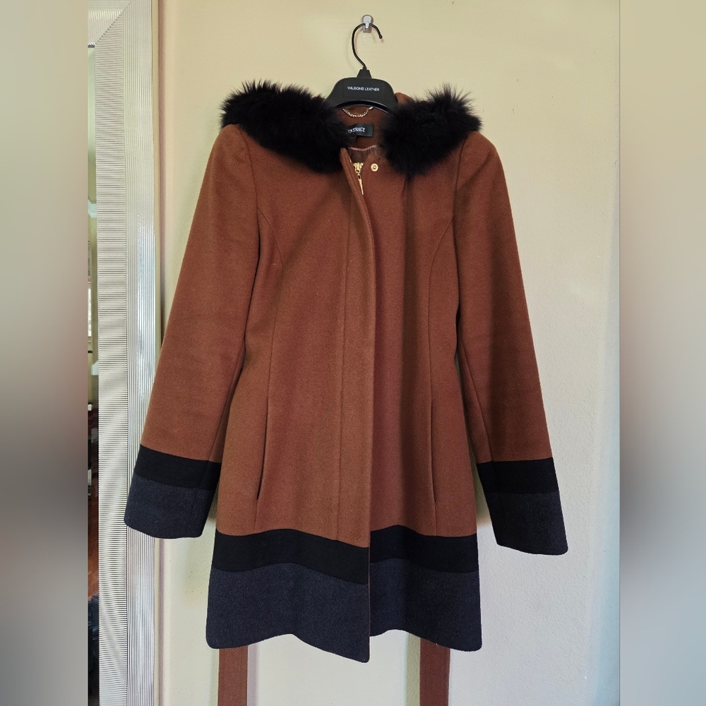 Ellen Tracy Wool & Fox Fur Brown Gray Black Jacket Zip Front